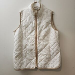 Kim Rogers Ivory Quilted Women's L Vest Gold Zipper And Tan Edging